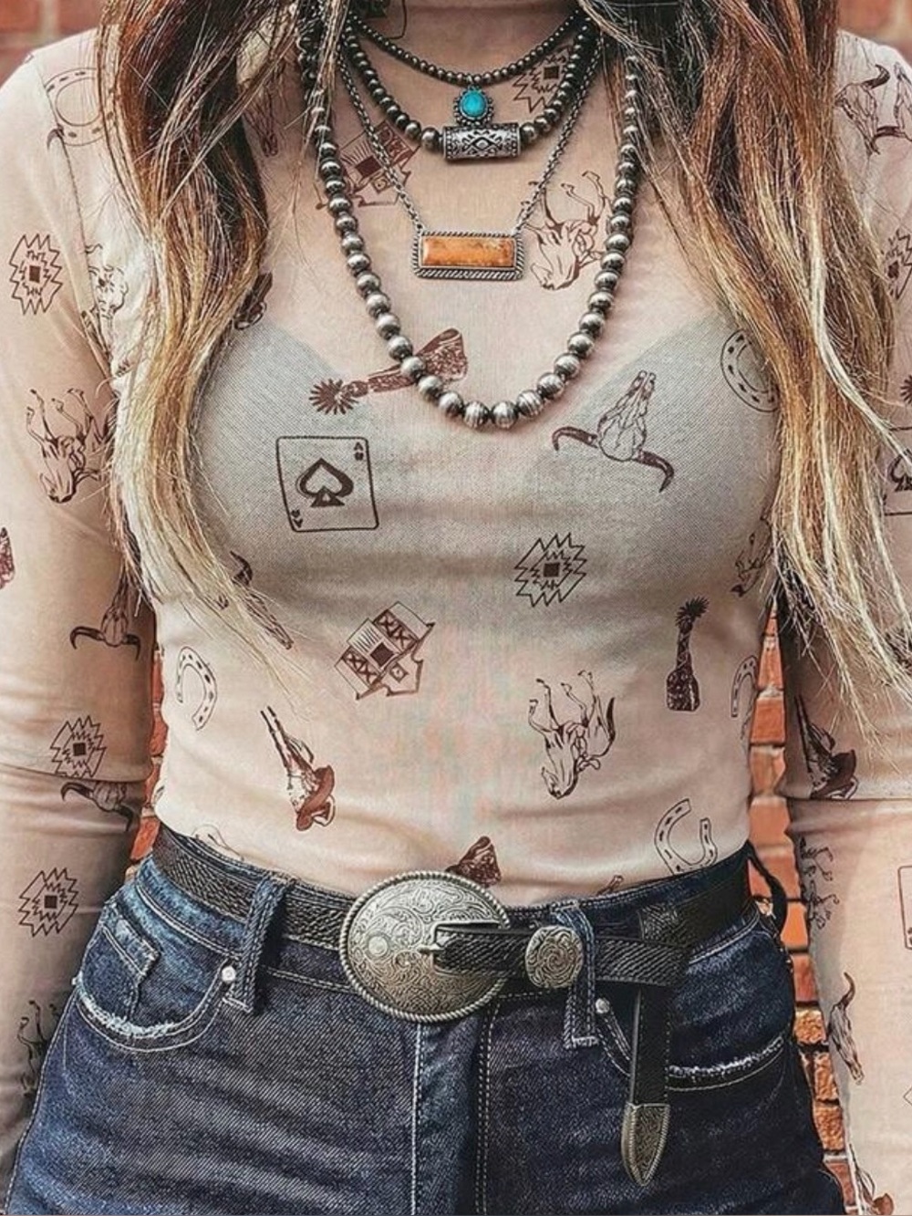 Women’s Western-Print Long Sleeve Top - Beige